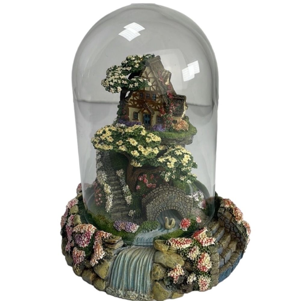 Cobblestone Bridge Cottage Sculpture with Glass Dome